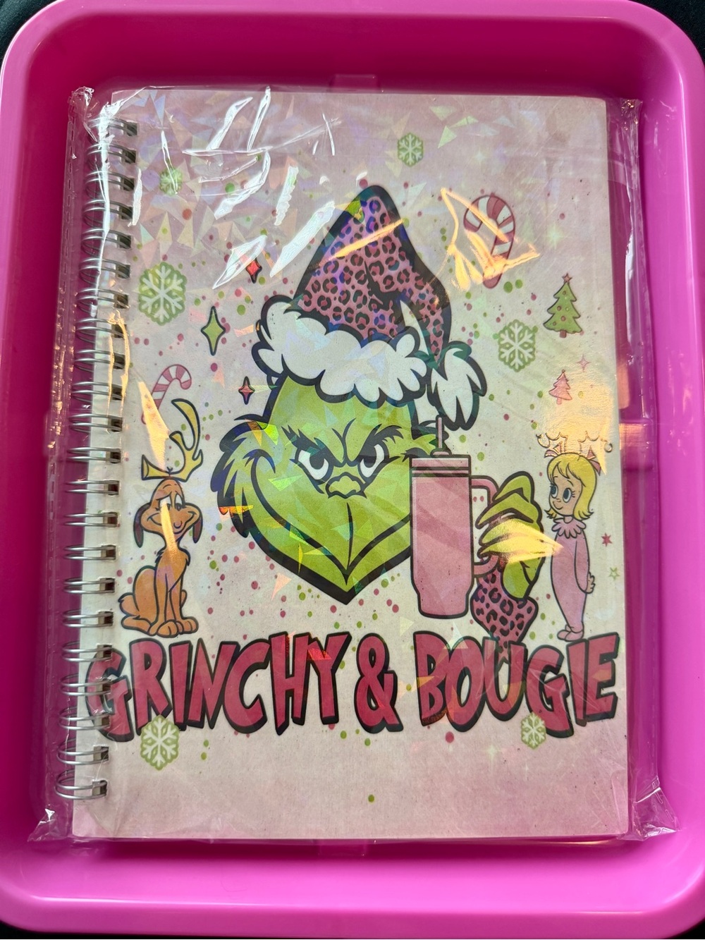 Grinchy & Bougie Pink Spiral A5 Notebook - Holiday Graphic Journal